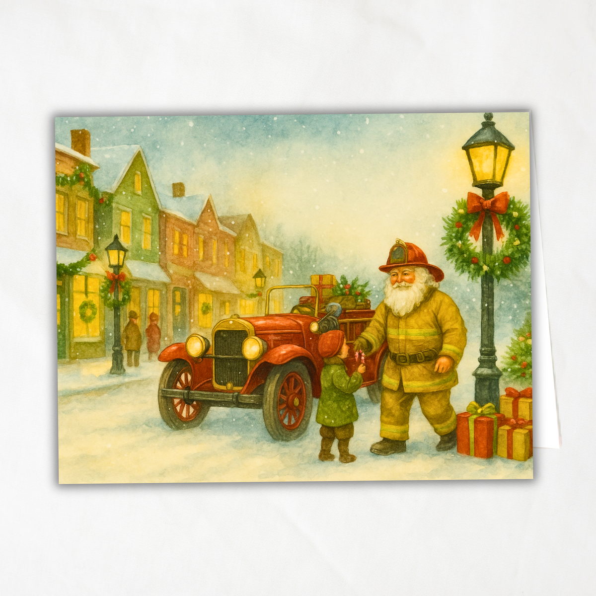 Printable Fireman Santa Christmas Card, Firefighter Holiday Greeting, A2 (5.5”x4.25”), First Responder Gift, Vintage Christmas Street Scene