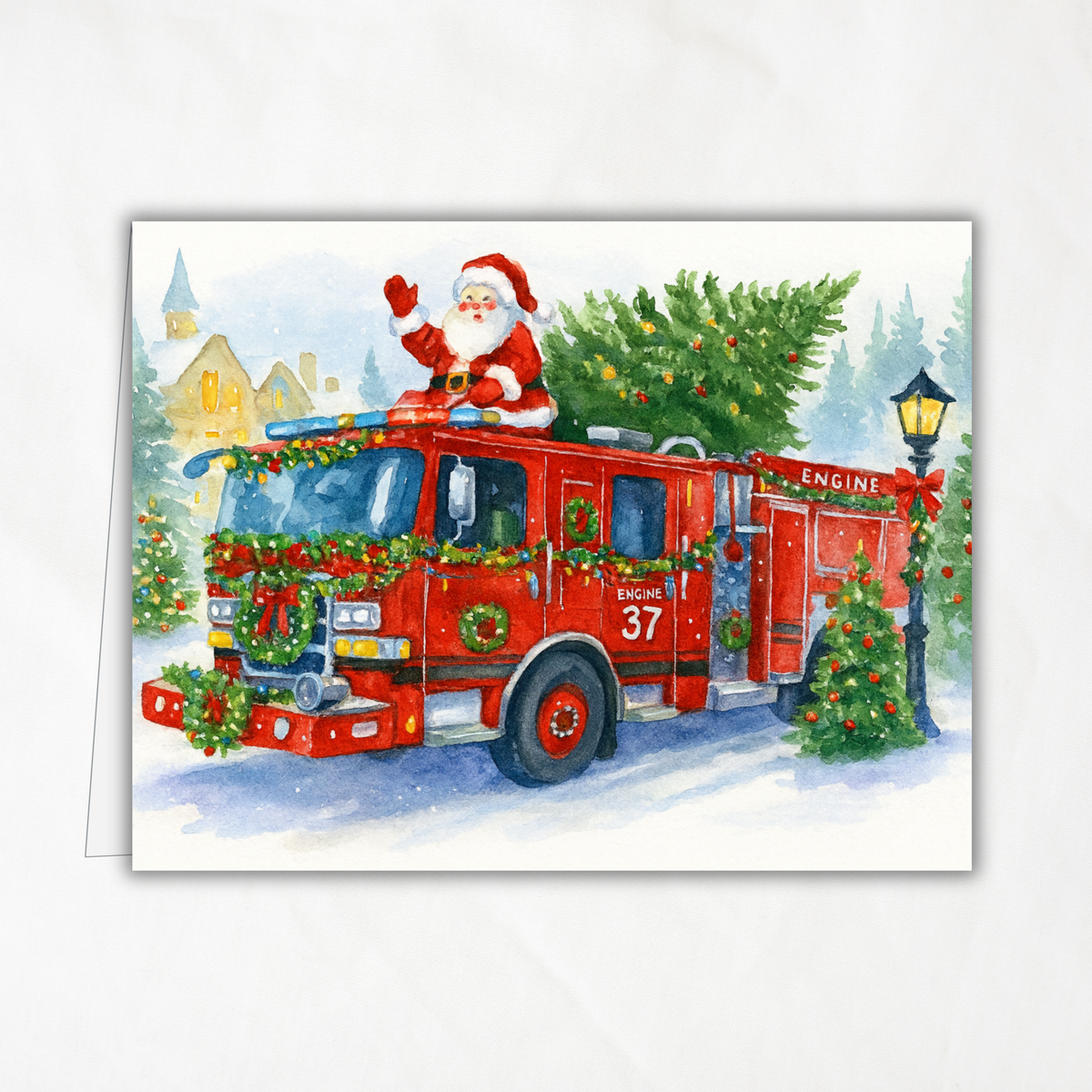 Engine 37 Printable Firetruck Christmas Card • Santa on Firetruck Holiday Greeting • Festive Wreath Scene • A2 (5.5"x4.25") • Instant Download DIY