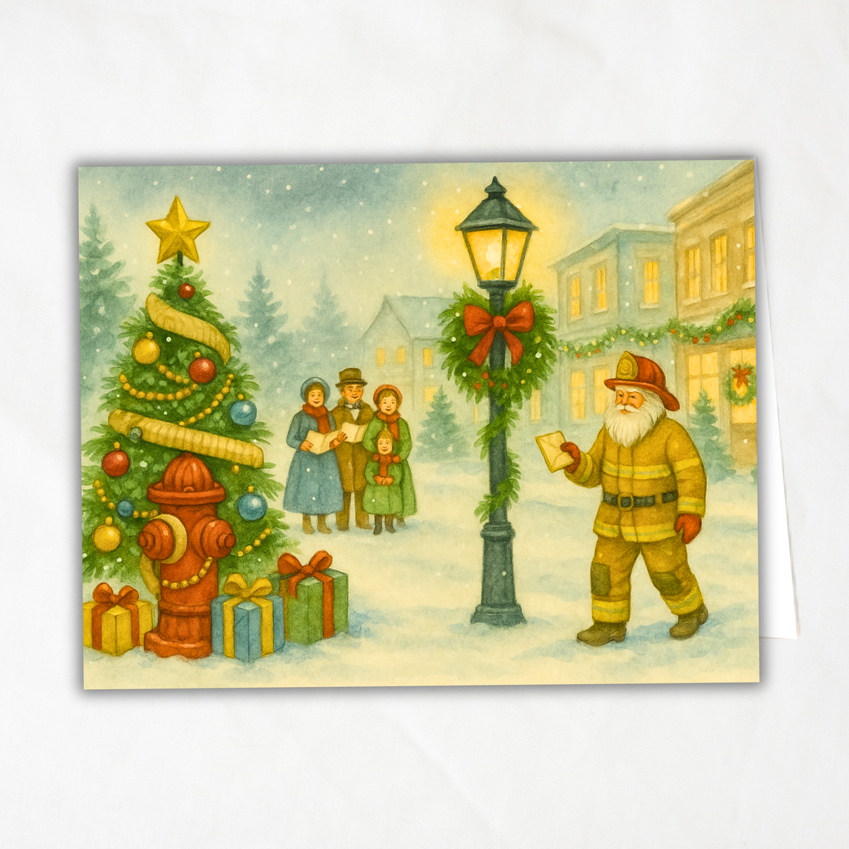 Printable Fireman Santa Christmas Card, Firefighter Holiday Greeting, A2 (5.5”x4.25”), First Responder Gift, Carolers & Decorated Tree Scene