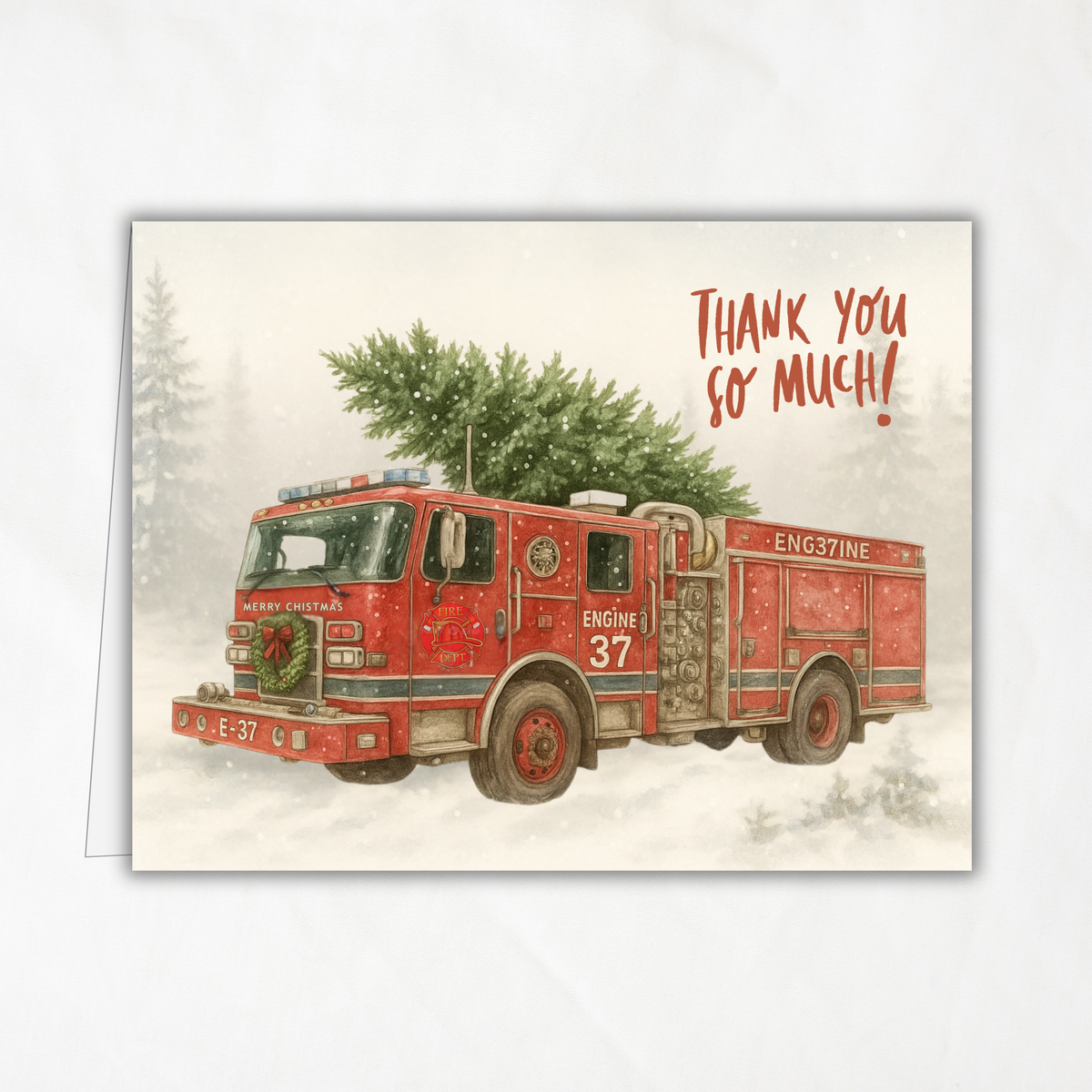 Engine 37 Printable Firetruck Christmas Card • Holiday Thank You Greeting • Festive Wreath Scene • First Responder Appreciation • A2 (5.5"x4.25") • Instant Download DIY