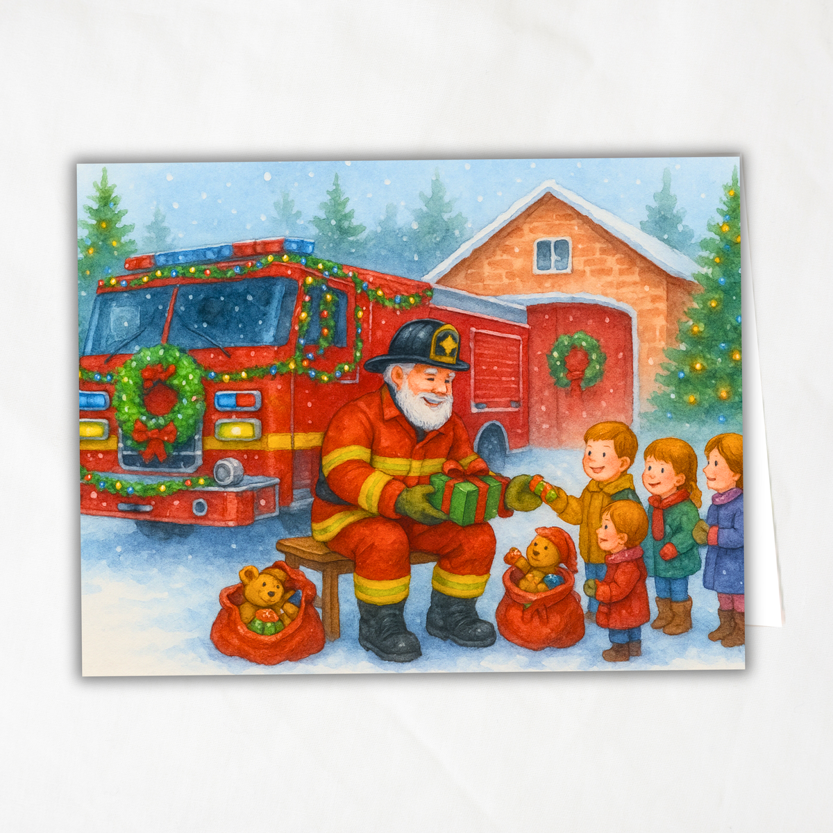 Fireman Santa Printable Christmas Card • A2 (5.5”x4.25”) • Watercolor Firetruck Scene with Kids, Gifts & Holiday Cheer