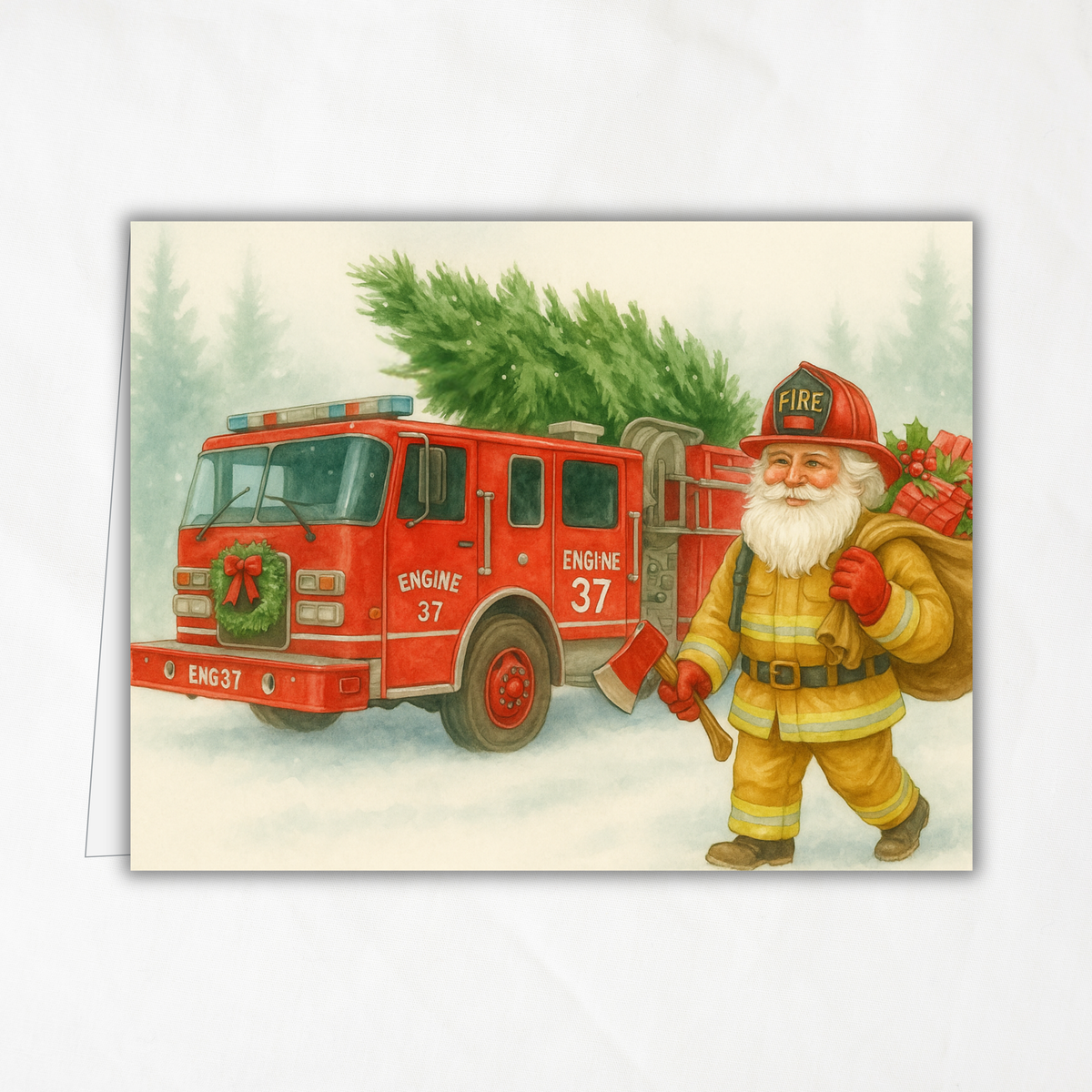 Engine 37 Printable Firetruck Christmas Card • Firefighter Santa with Axe Holiday Greeting • Festive Tree Scene • A2 (5.5"x4.25") • Instant Download DIY
