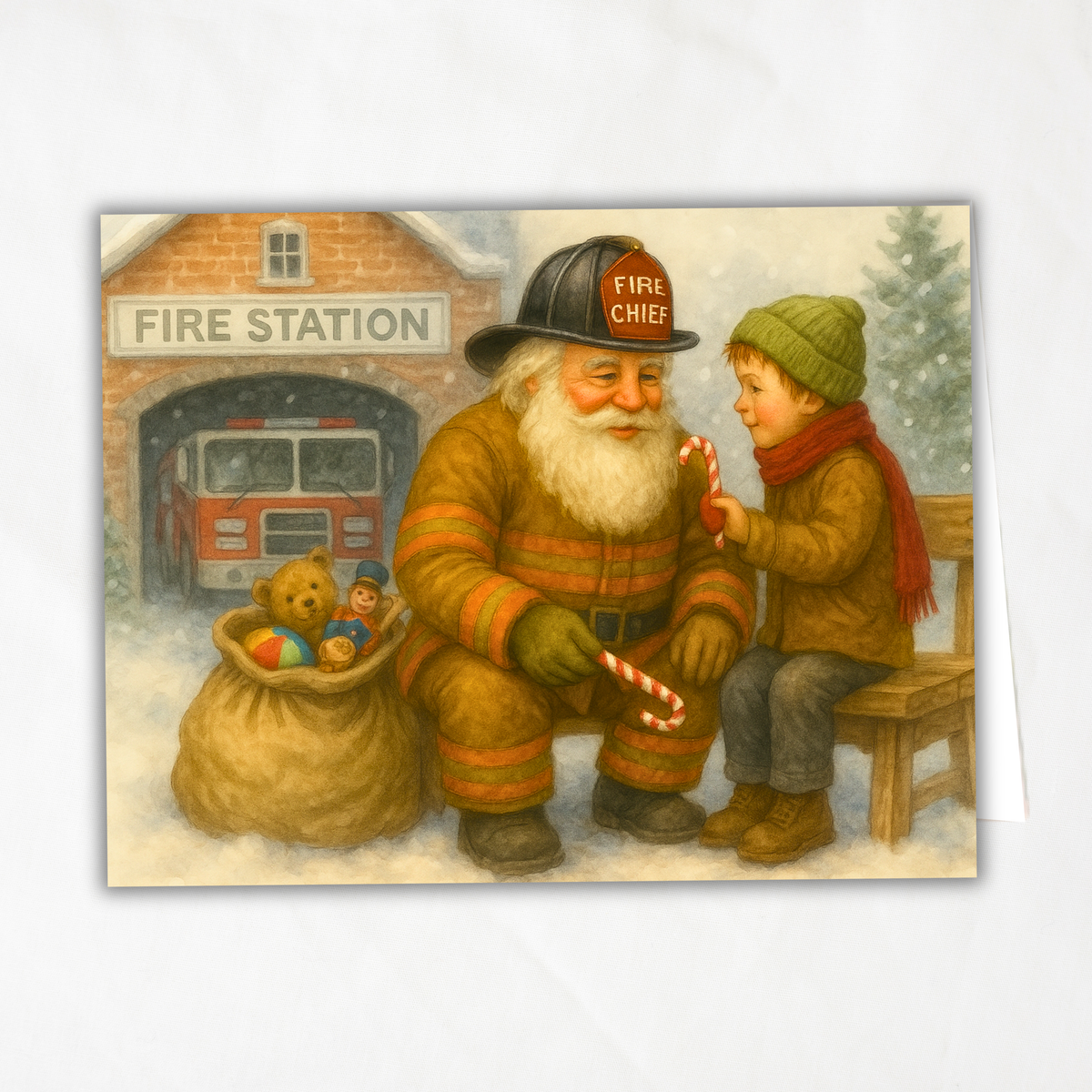 Fireman Santa Printable Christmas Card • A2 (5.5”x4.25”) • Fire Station Scene with Child & Candy Cane, Watercolor Holiday Art