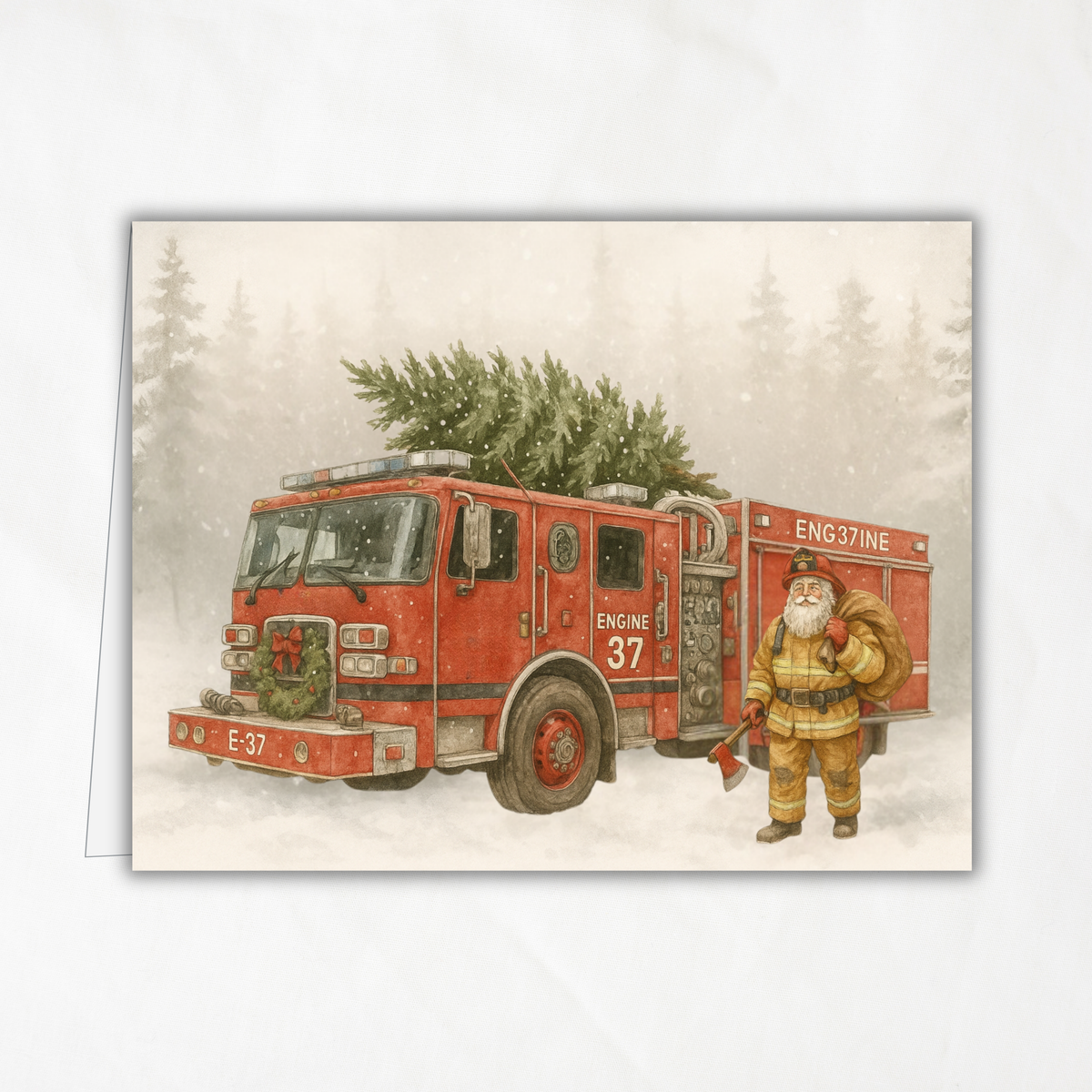 Engine 37 Firetruck Christmas Card · Santa Firefighter with Christmas Tree · Printable Holiday Card • A2 (5.5"x4.25") • Instant Download DIY