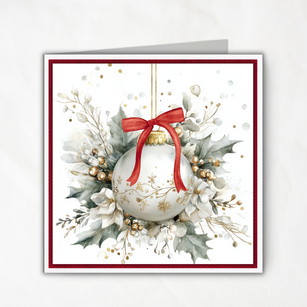 Printable Square Christmas Card | White Ornament & Red Bow | Elegant Watercolor Holiday Card