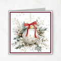 Printable Square Christmas Card | White Ornament & Red Bow | Elegant Watercolor Holiday Card