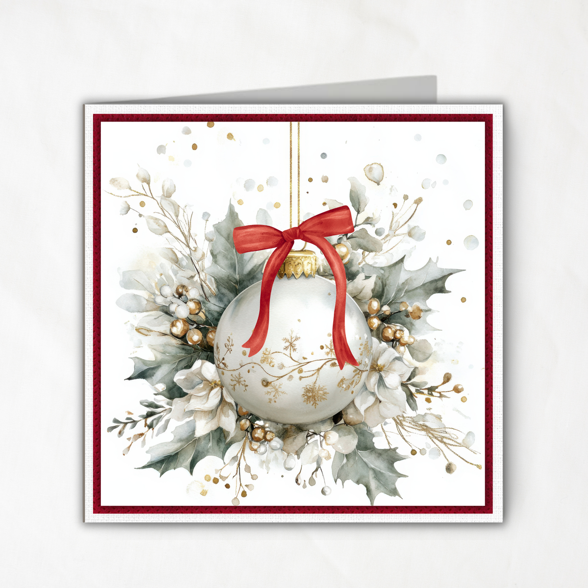 Printable Square Christmas Card | White Ornament & Red Bow | Elegant Watercolor Holiday Card