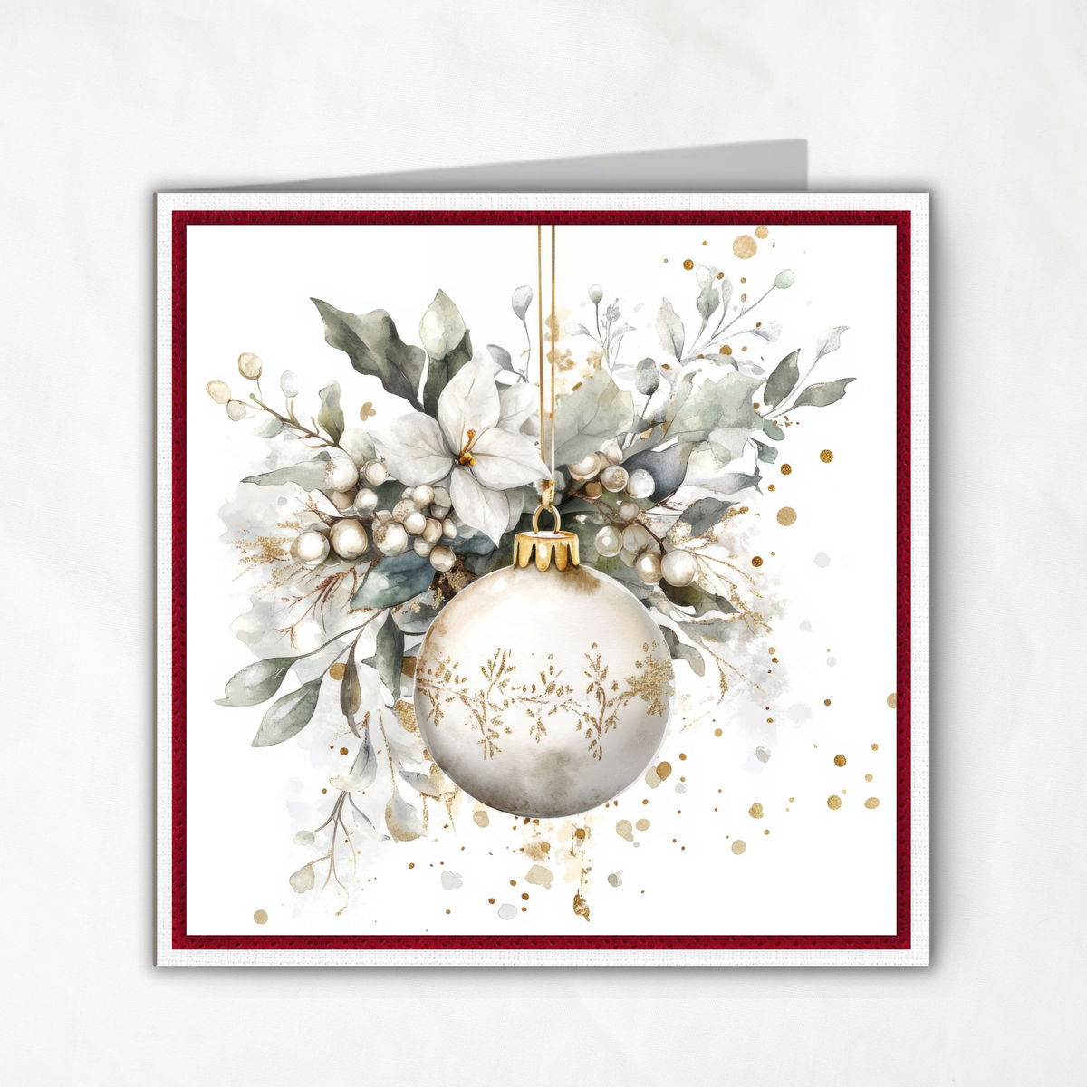 Printable Square Christmas Card | Ivory Ornament & Winter Florals | Elegant Holiday Greeting Card