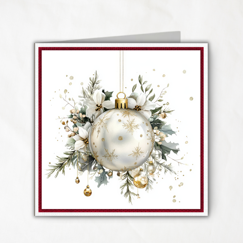 Elegant Printable Christmas Card | White & Gold Ornament with Winter Greenery | Holiday Greeting Card