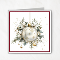 Elegant Printable Christmas Card | White & Gold Ornament with Winter Greenery | Holiday Greeting Card