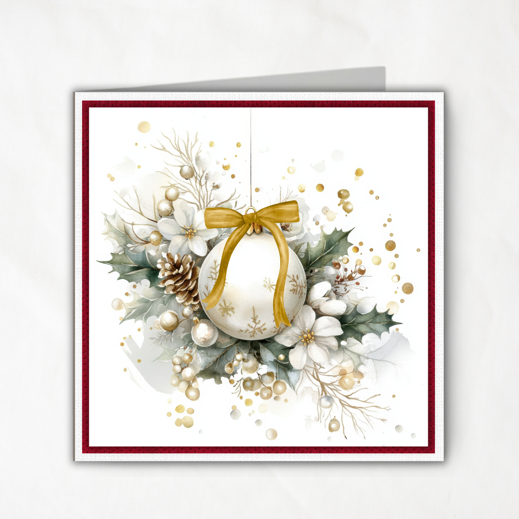 Printable Christmas Card | Gold Bow Ornament with Holly, Pinecones & Winter Florals | Elegant Holiday Card