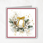 Printable Christmas Card | Gold Bow Ornament with Holly, Pinecones & Winter Florals | Elegant Holiday Card