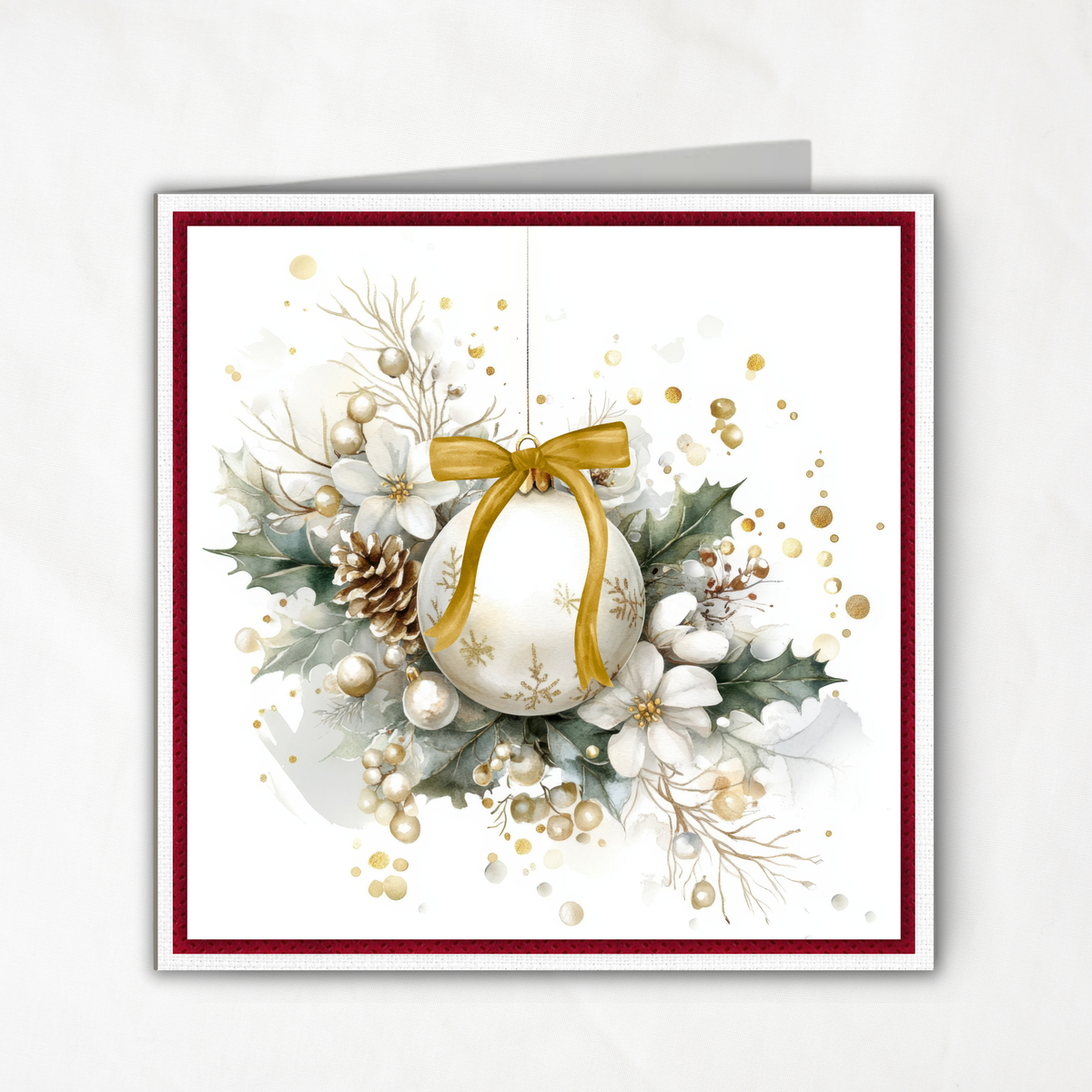 Printable Christmas Card | Gold Bow Ornament with Holly, Pinecones & Winter Florals | Elegant Holiday Card