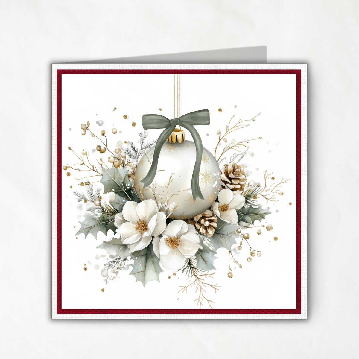 Printable Christmas Card | Sage Bow Ornament with Holly & Pinecones | Elegant Watercolor Holiday Card