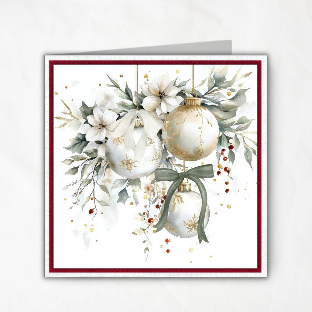 Elegant Printable Christmas Card | Watercolor Ornaments with Bows & Winter Florals | Holiday Greeting Card
