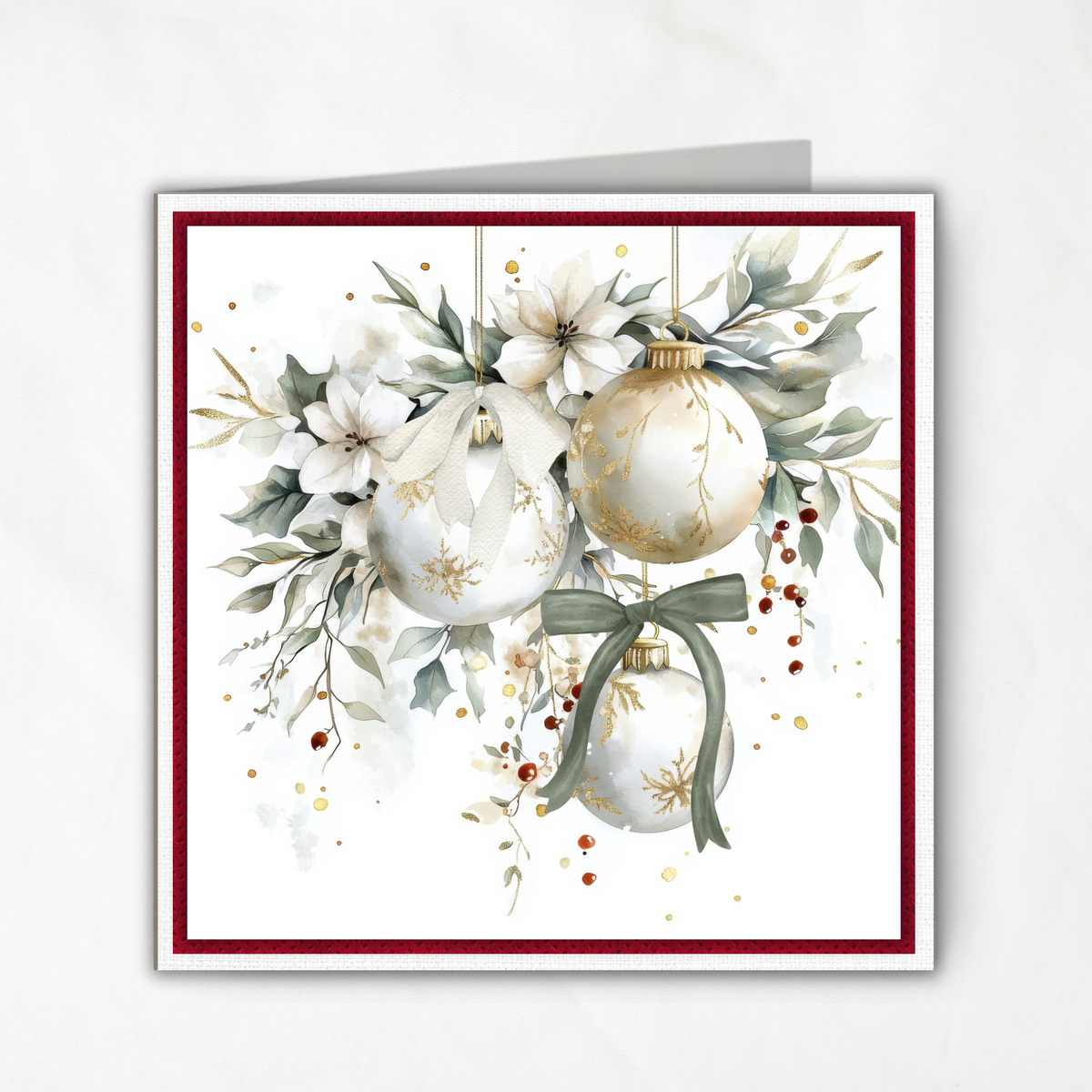 Elegant Printable Christmas Card | Watercolor Ornaments with Bows & Winter Florals | Holiday Greeting Card
