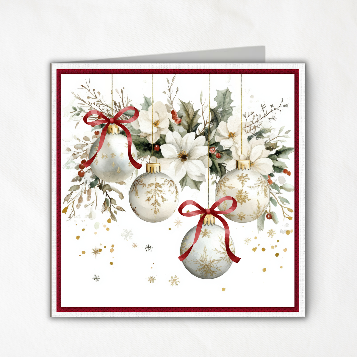 Printable Christmas Card | Red Bow Ornaments with Holly & Winter Florals | Elegant Holiday Card