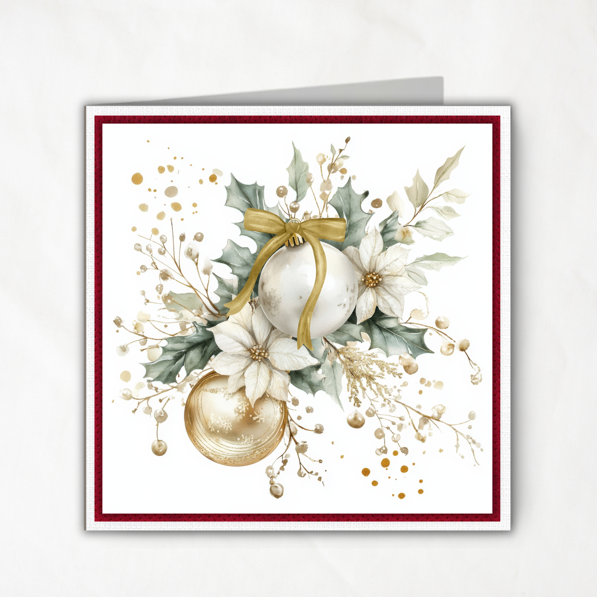 Printable Christmas Card | Gold Bow Ornaments with Evergreen & Pinecones | Elegant Holiday Card