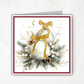 Watercolor Christmas Card Printable | Gold Ribbon Ornaments & Evergreen | Elegant Square Holiday Card