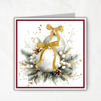 Watercolor Christmas Card Printable | Gold Ribbon Ornaments & Evergreen | Elegant Square Holiday Card