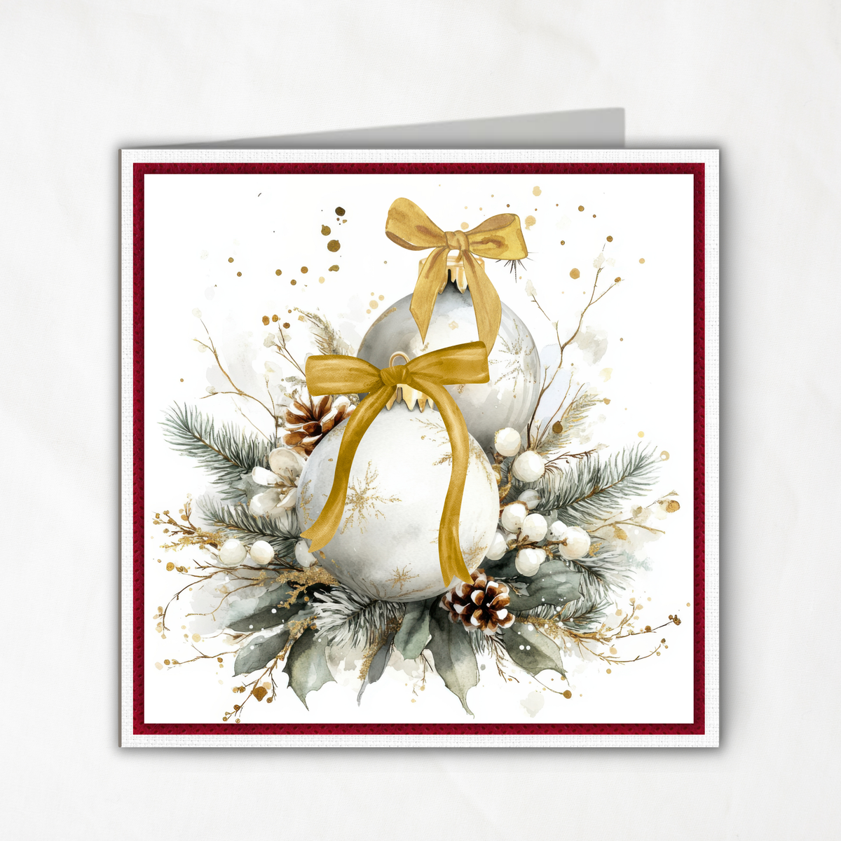 Watercolor Christmas Card Printable | Gold Ribbon Ornaments & Evergreen | Elegant Square Holiday Card