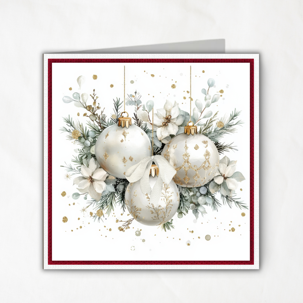 Elegant Christmas Card Printable | White & Gold Ornaments with Winter Florals | Square Holiday Card