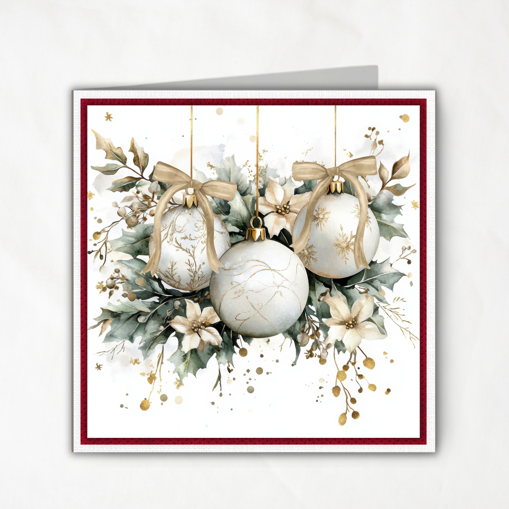 Printable Holiday Card | White & Gold Christmas Ornaments with Poinsettias | Elegant Square Card