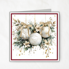 Printable Holiday Card | White & Gold Christmas Ornaments with Poinsettias | Elegant Square Card