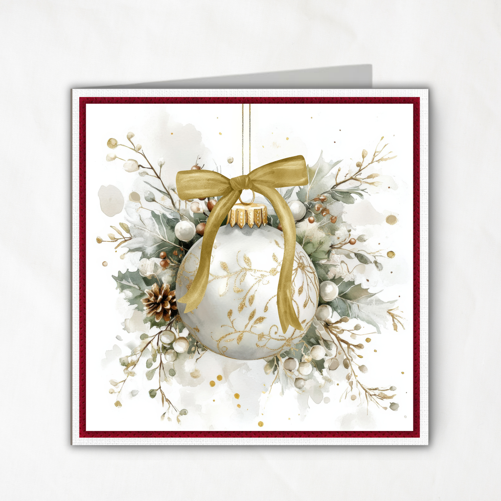 Elegant Printable Christmas Card | Gold Bow Ornament with Holly & Pinecones | Watercolor Holiday Card