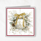 Elegant Printable Christmas Card | Gold Bow Ornament with Holly & Pinecones | Watercolor Holiday Card