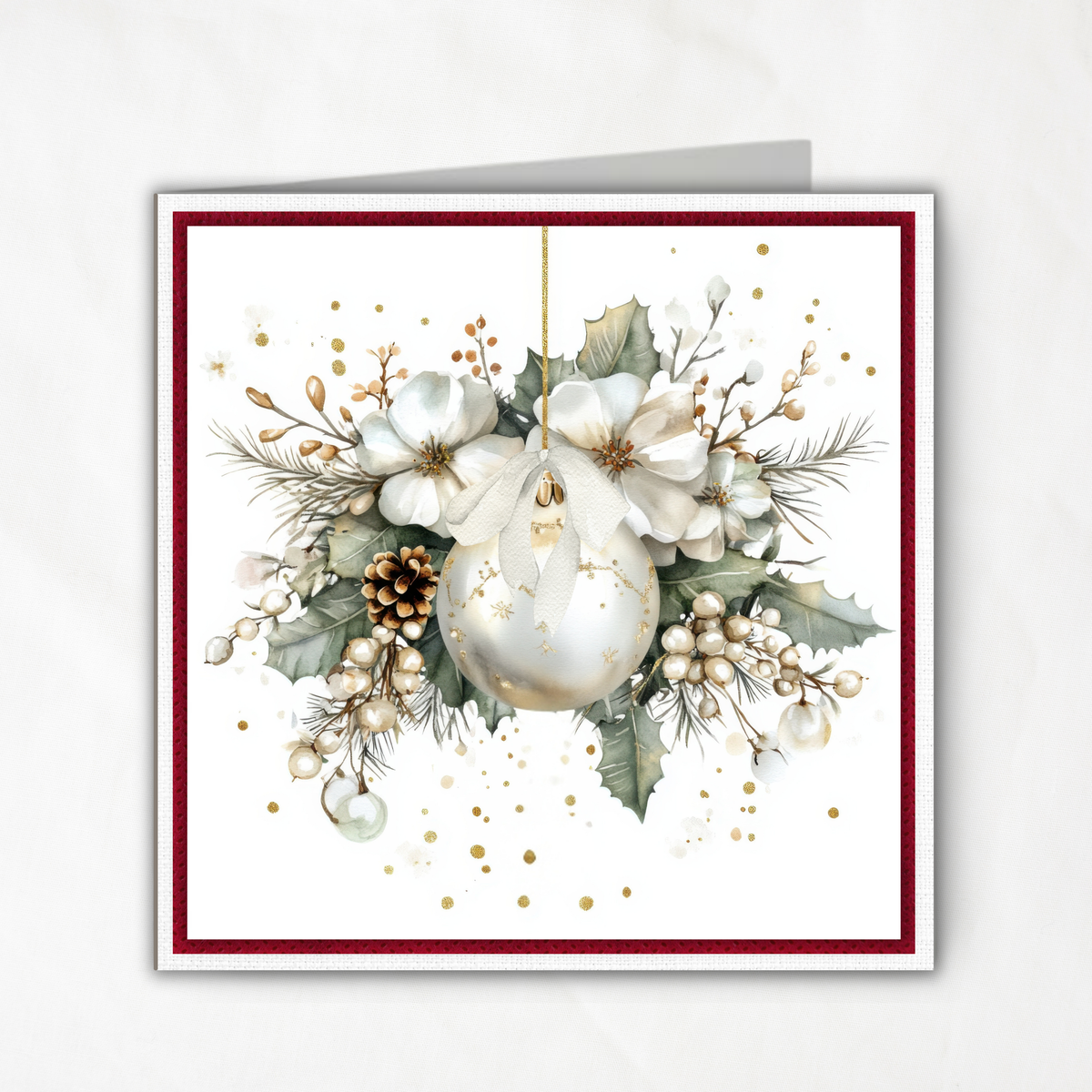 Printable Christmas Card | White Ornament with Poinsettias & Holly | Elegant Watercolor Holiday Card