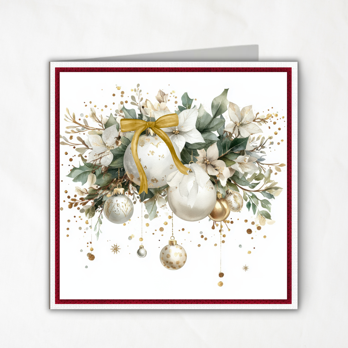 Printable Christmas Greeting Card | Gold & White Ornaments with Poinsettias | Elegant Watercolor Holiday Card