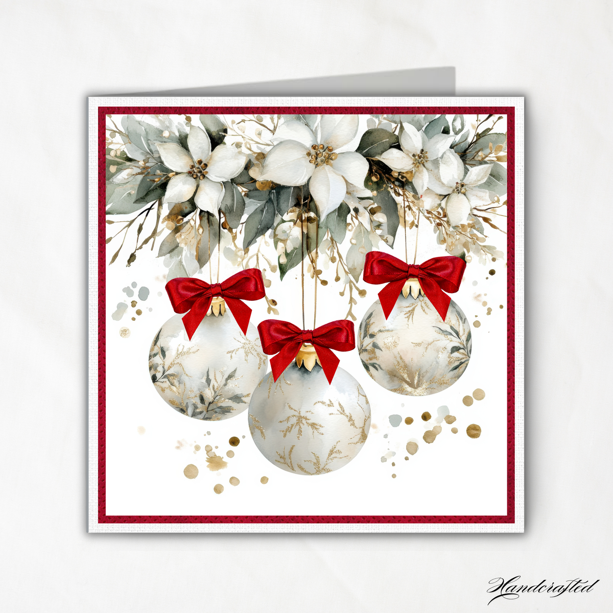 Handcrafted Ornament Design Christmas Card – Unique 7.25” Square Holiday Greeting, Red Satin Bows, Choice of 7 Interior Verses or Custom