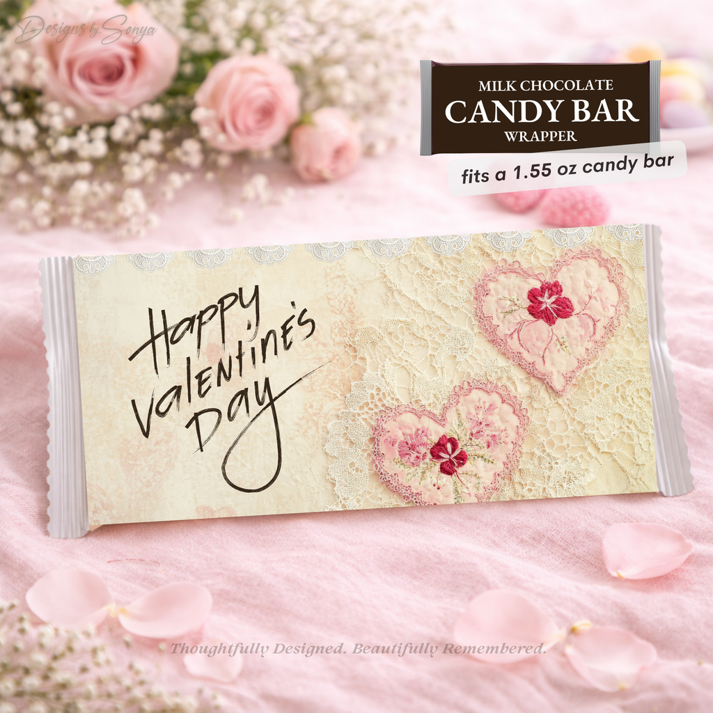 Valentine Candy Bar Wrapper Printable - Vintage Lace Heart Floral Chocolate Wrapper for 1.55 oz Candy Bar – Classroom Valentine Gift Idea