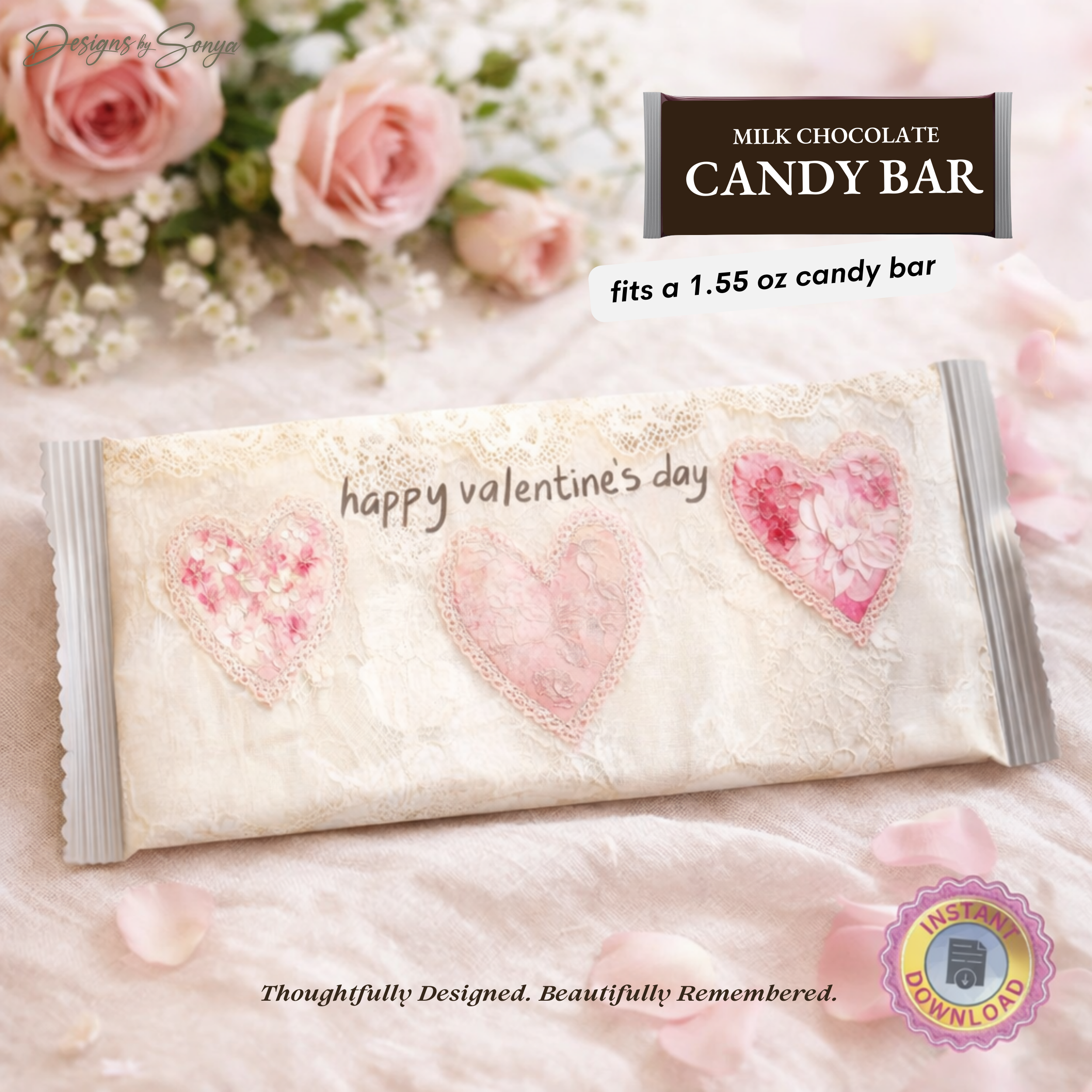 Floral Heart Valentine Chocolate Wrapper Printable – Romantic DIY Treat Wrap for 1.55 oz Candy Bars, Gifts & Party Favors