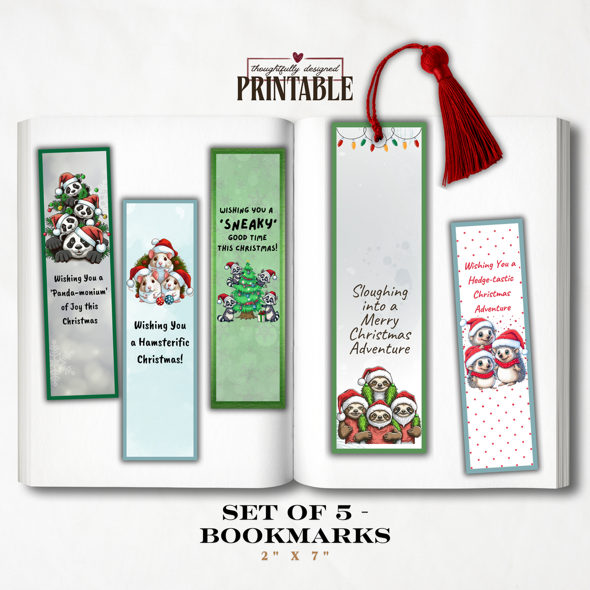 Printable Christmas Bookmarks | Set of 5 Cute Animal Holiday Bookmarks | Classroom Gifts, Teacher Gifts & Stocking Stuffers | 2 x 7 PDF