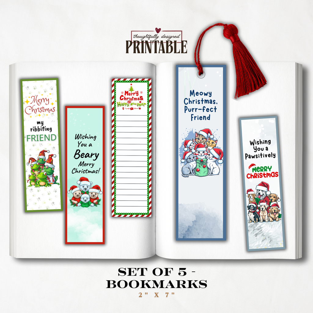 Printable Christmas Bookmarks | Set of 5 Holiday Animal Bookmarks | Classroom Gifts, Teacher Gifts & Stocking Stuffers | 2 x 7 PDF
