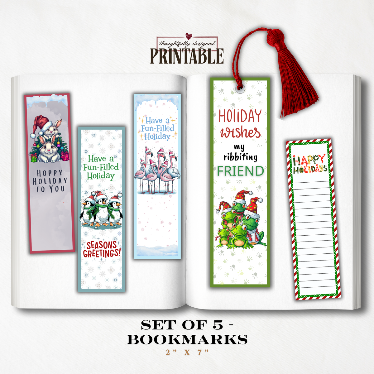 Printable Christmas Bookmarks | Set of 5 Holiday Animal Bookmarks | Flamingos, Frogs, Penguins & Bunnies | Classroom Gifts | 2 x 7 PDF
