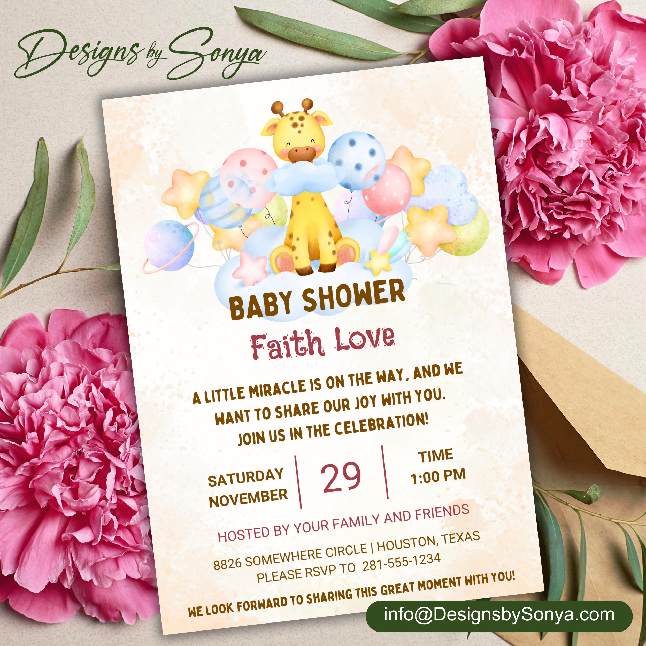 Giraffe Baby Shower Invitation Template | Cute Gender Neutral Baby Shower Invite | Editable Canva Design | Printable 5x7 Digital Download for Parents & Hosts