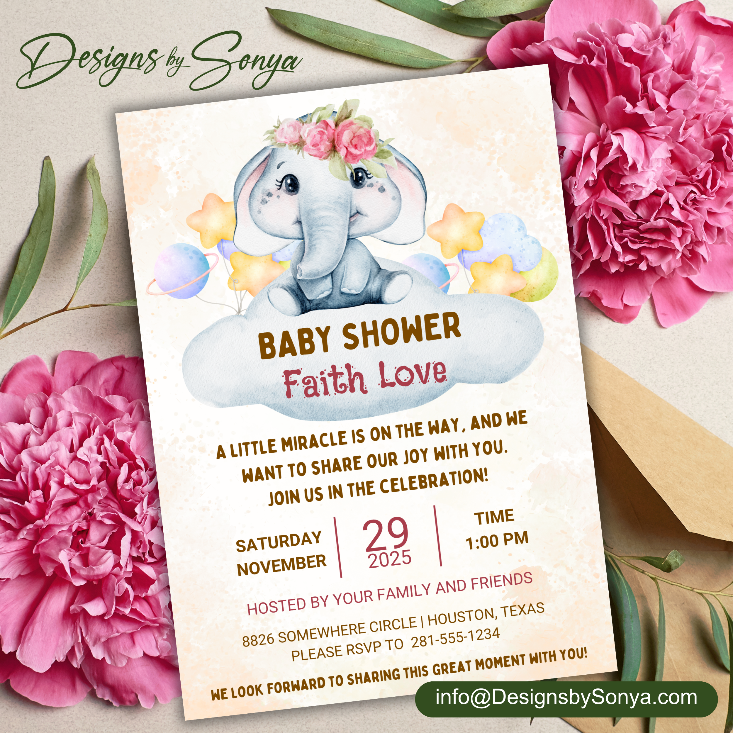Elephant Baby Shower Invitation Template | Cute Gender Neutral Canva Invite | Editable 5x7 Printable Baby Shower Digital Download for Parents & Hosts