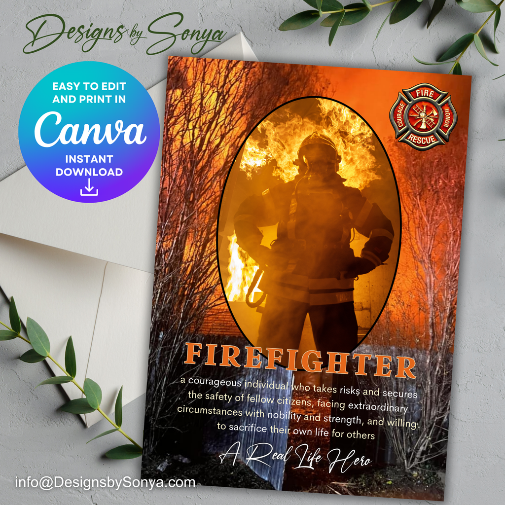 Firefighter Thank You Card | Editable Printable Canva Template | Fireman Appreciation Gift | First Responder Greeting Card, Instant Download