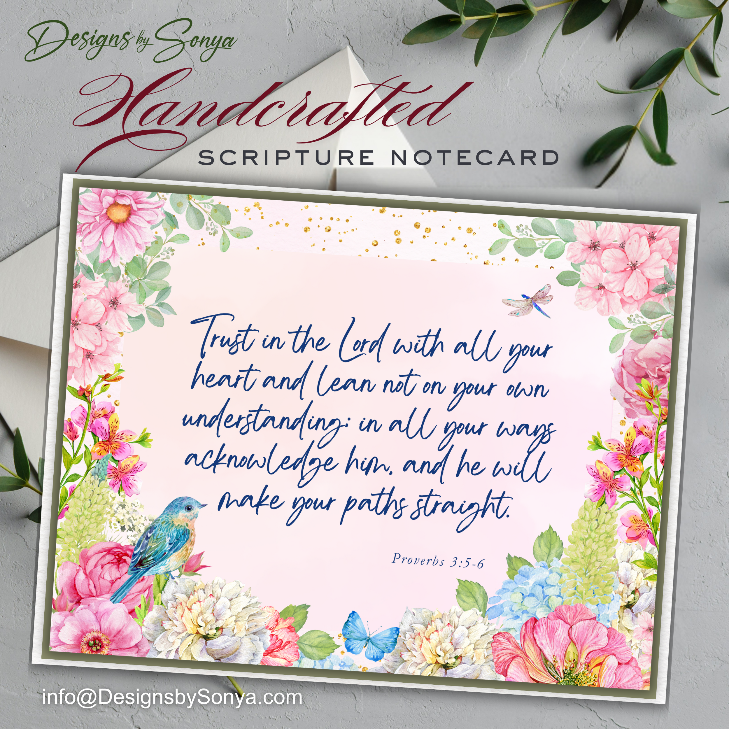 Handcrafted Scripture Notecard, Proverbs 3:5-6 – Floral A2 Christian Card, “Trust in the Lord” - Blank Encouragement Note, Faith Stationery