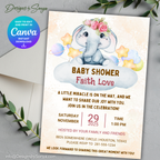 Elephant Baby Shower Invitation Template | Cute Gender Neutral Canva Invite | Editable 5x7 Printable Baby Shower Digital Download for Parents & Hosts