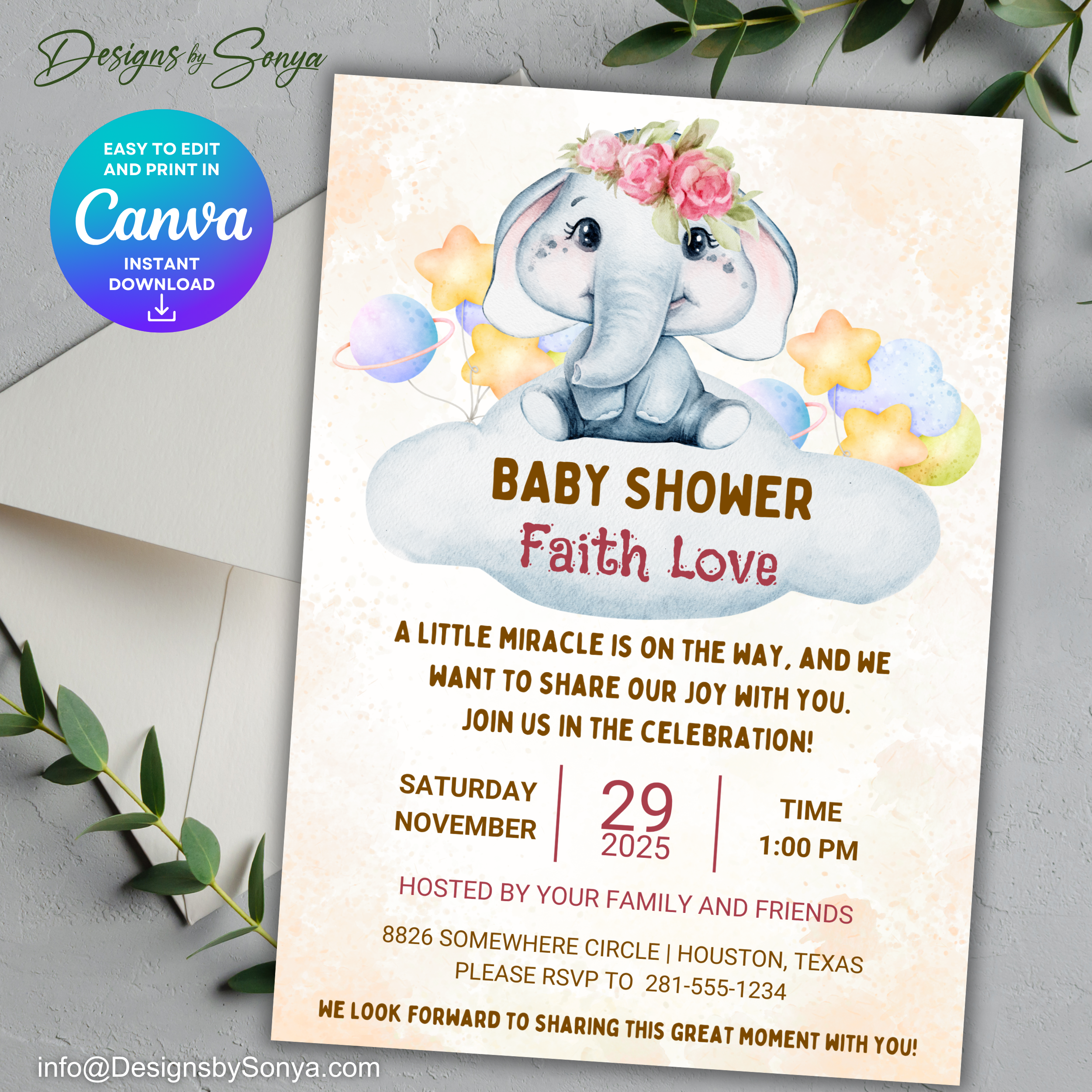 Elephant Baby Shower Invitation Template | Cute Gender Neutral Canva Invite | Editable 5x7 Printable Baby Shower Digital Download for Parents & Hosts