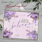 Handcrafted Scripture Notecard – Purple Floral A2 Card – Mark 5:36 “Just Believe” Blank Christian Encouragement Card, Faith-Based Stationery