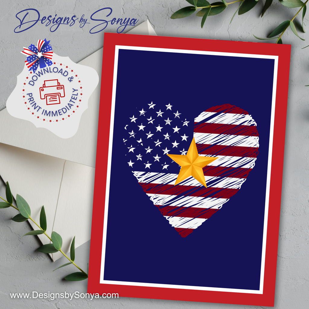 Gold Star Day Heart Flag Greeting Card, Printable Patriotic Sympathy Card, 5x7 Memorial Tribute, Military Grief Support, Instant Download