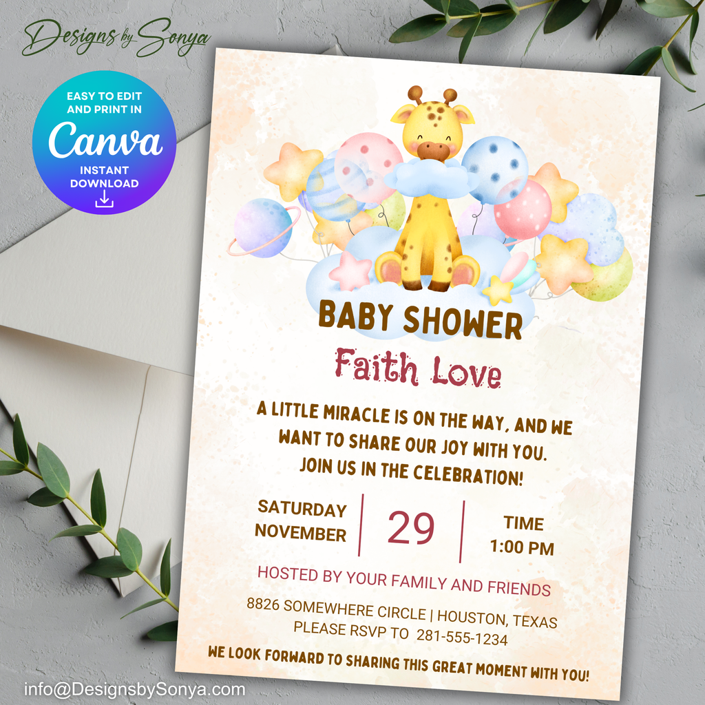 Giraffe Baby Shower Invitation Template | Cute Gender Neutral Baby Shower Invite | Editable Canva Design | Printable 5x7 Digital Download for Parents & Hosts