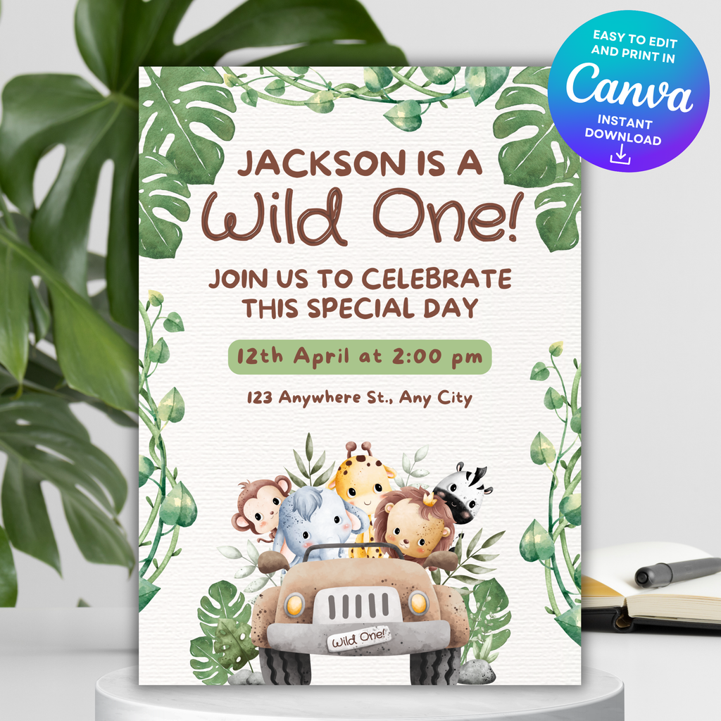 Wild One Safari Birthday Invitation | Jungle Animal Party Invite | Editable Canva Template | Printable 5x7 Kids Birthday Invitation Digital Download