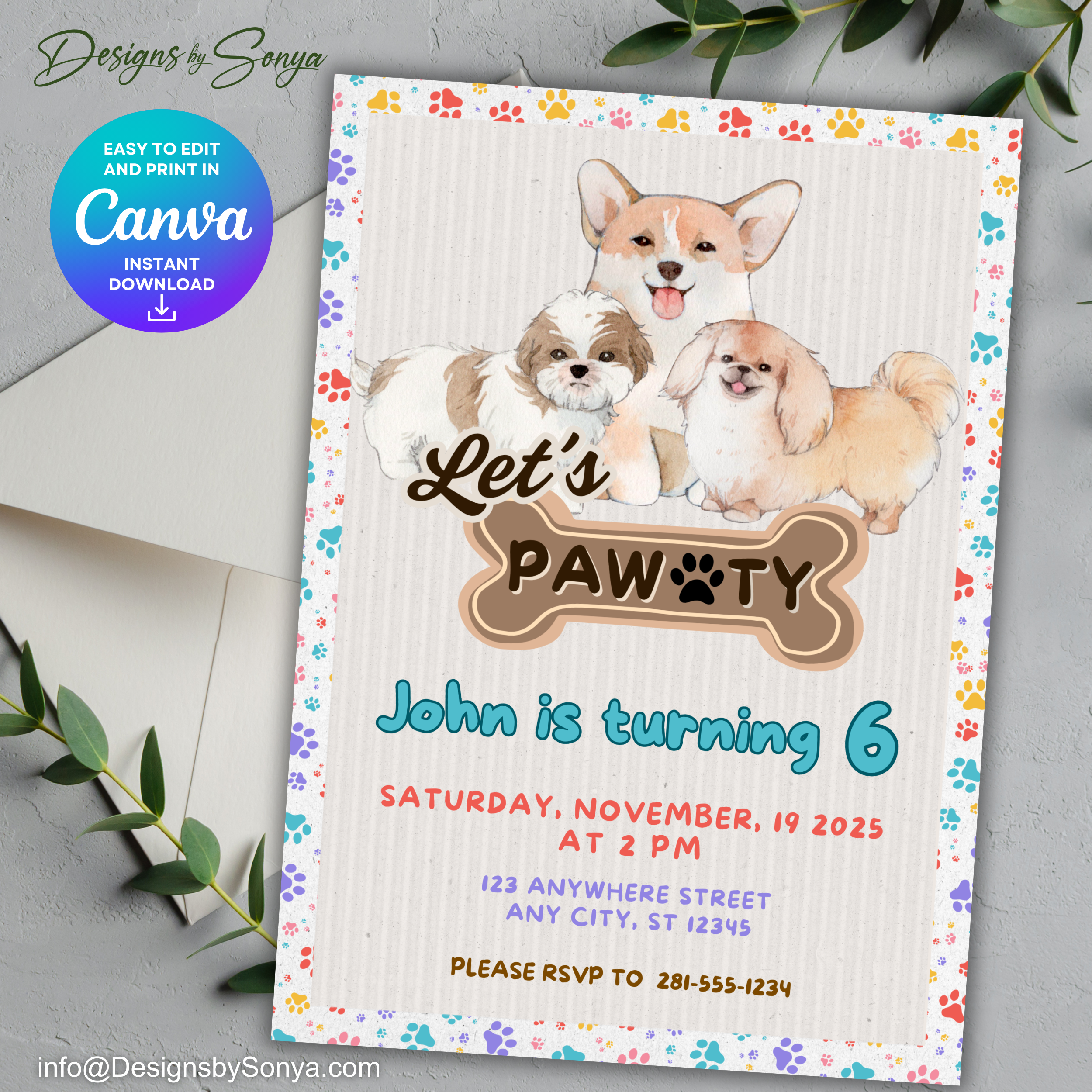 Dog Birthday Party Invitation | Let’s Pawty Editable Canva Template | Printable Pet-Themed Kids Birthday Invite | Cute 5x7 Digital Download