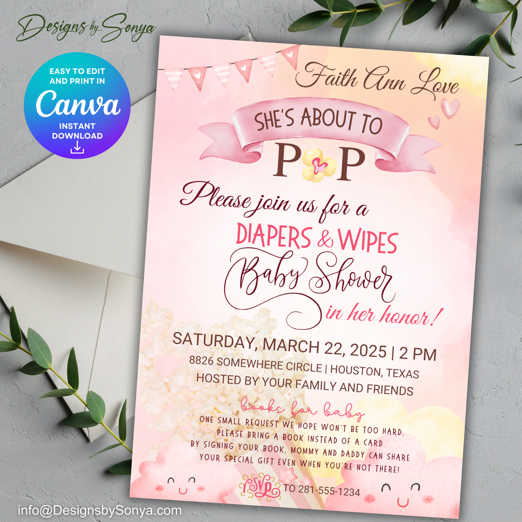She’s About to Pop Baby Shower Invitation | Editable Canva Template | Pink Watercolor Balloon Theme | Custom Party Printable 5x7 Invite